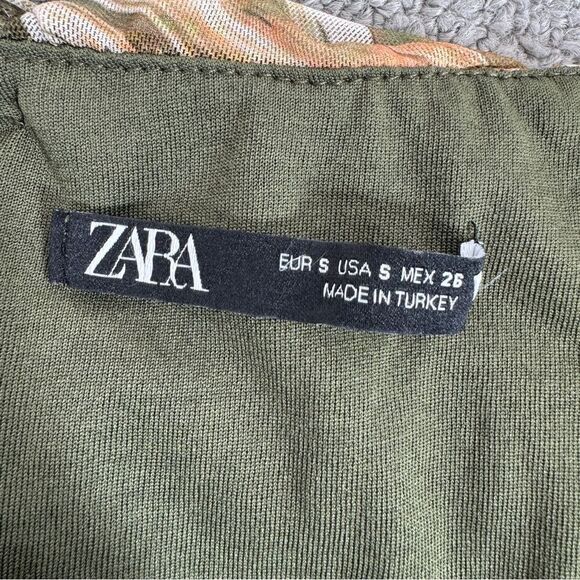 Zara Sheath Dress Marbled Ruched Draped Tulle Mini Khaki Green Orange Small - Picture 14 of 16